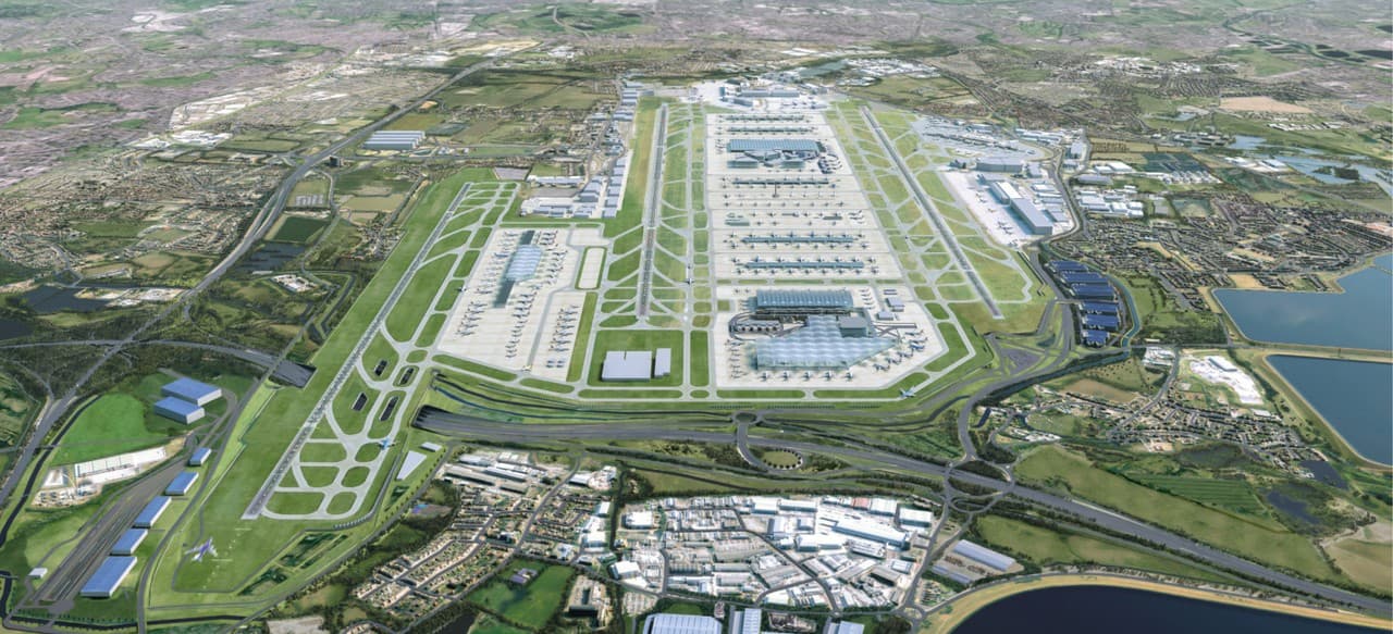 Heathrow's own visualisation of the expanded airport: a computer-generated aerial view showing the proposed third runway north of the existing pair, with a new terminal between them