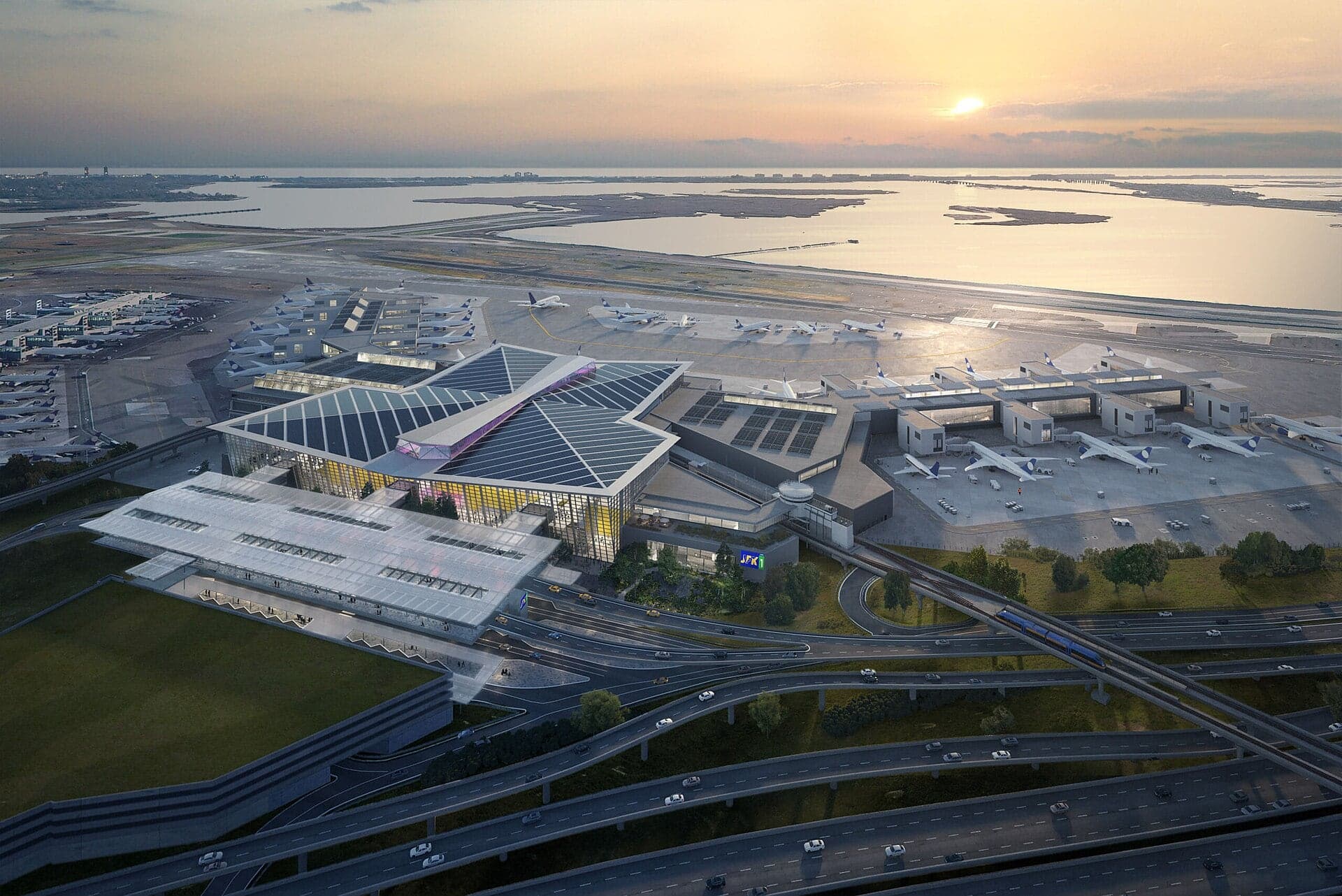 Architectural visualisation of the New Terminal One, published by its developer in 2024: a large glazed building with a folded roof on the south side of the central area