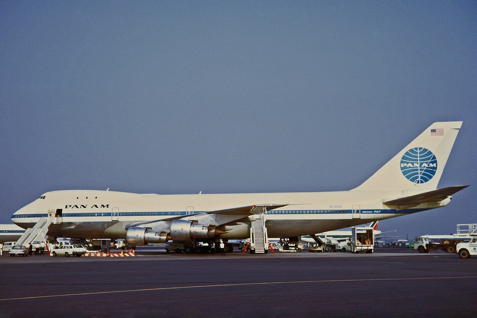 Pan Am Boeing 747-121 N735PA 'Clipper Constitution' on the ramp at JFK on 9 July 1970, six months after the type entered service
