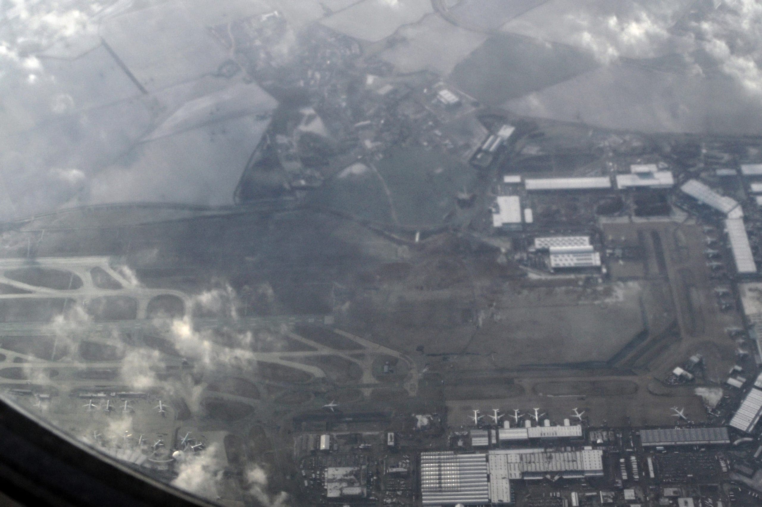 The cargo area from a departing aircraft: the half of the operation that runs at night