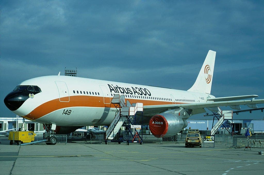 Airbus A300B2 F-WUAD in Airbus demonstration livery at Le Bourget during the 1977 show, with steps at the door and a follow-me car
