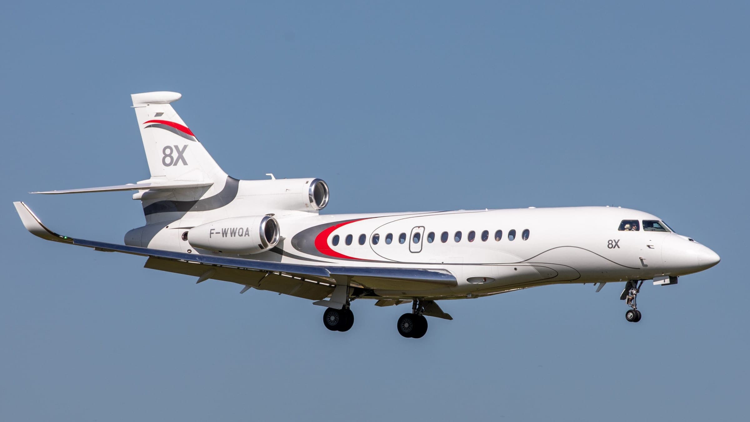 A Dassault Falcon 8X trijet business aircraft flying its display at the 2019 Paris Air Show