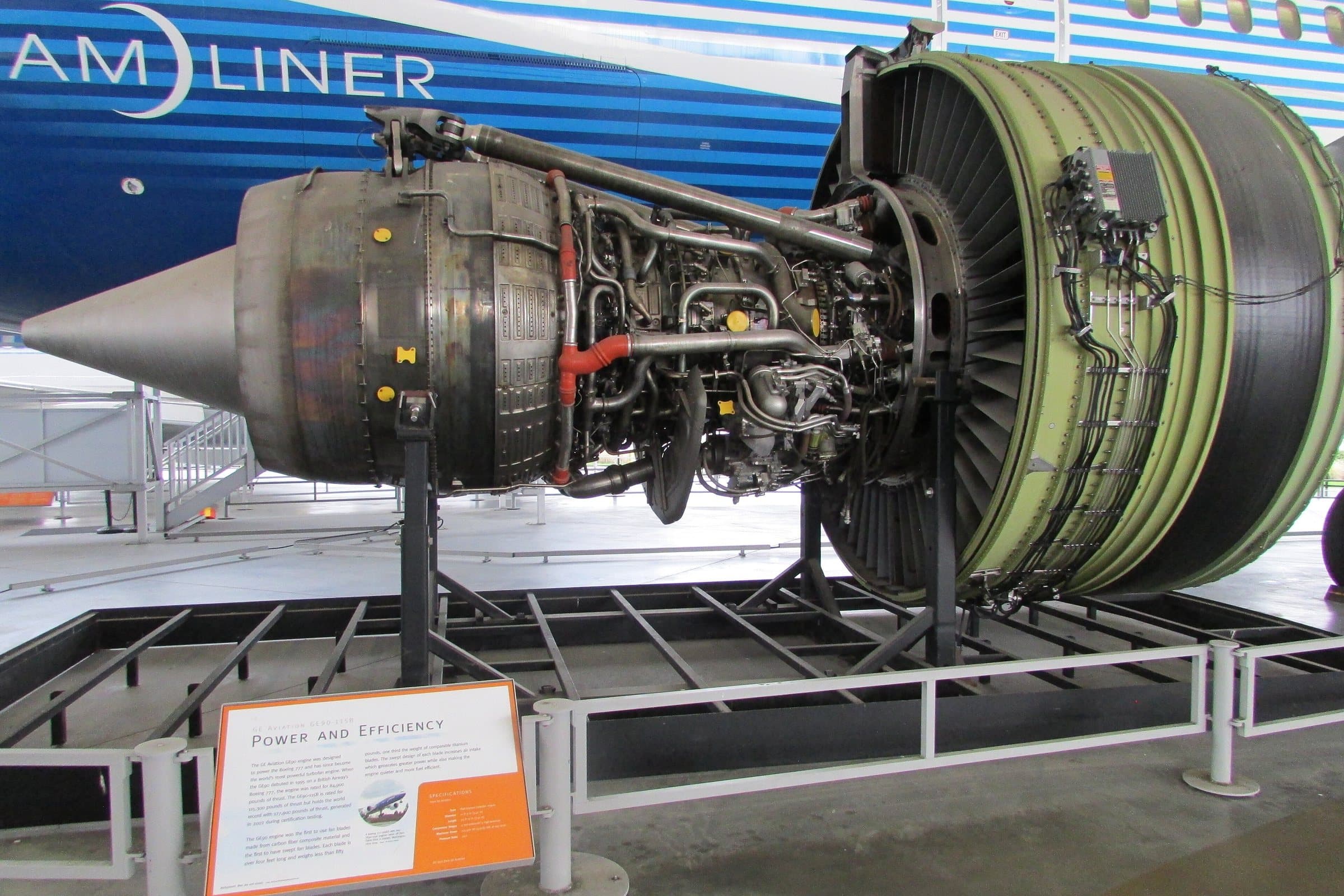 A General Electric GE90-115B on display in 2024
