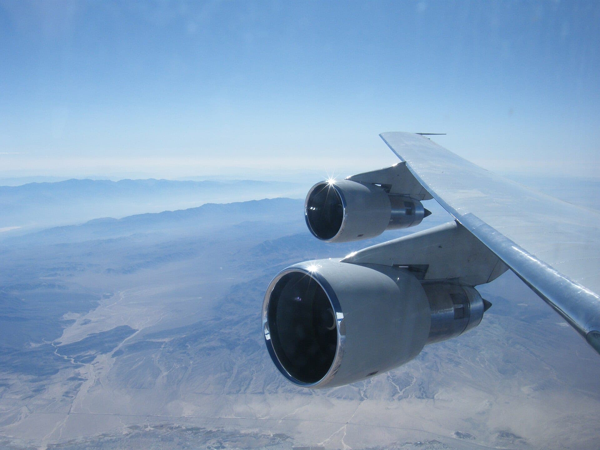 Two JT9D engines under the right wing of NASA and DLR's SOFIA Boeing 747SP in flight in 2011