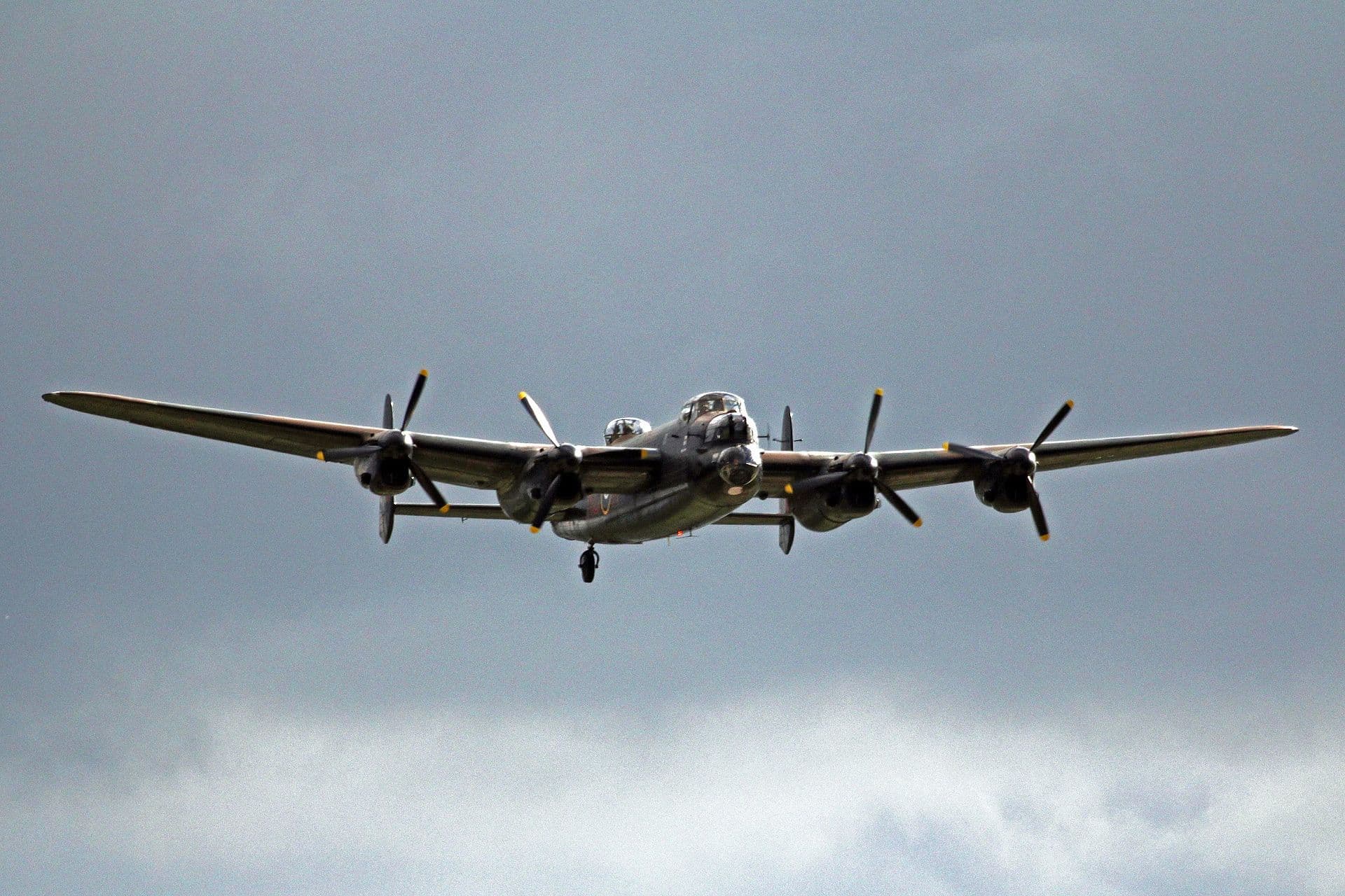 Avro Lancaster PA474 of the Battle of Britain Memorial Flight in the air on its four Merlins, Manchester 2013