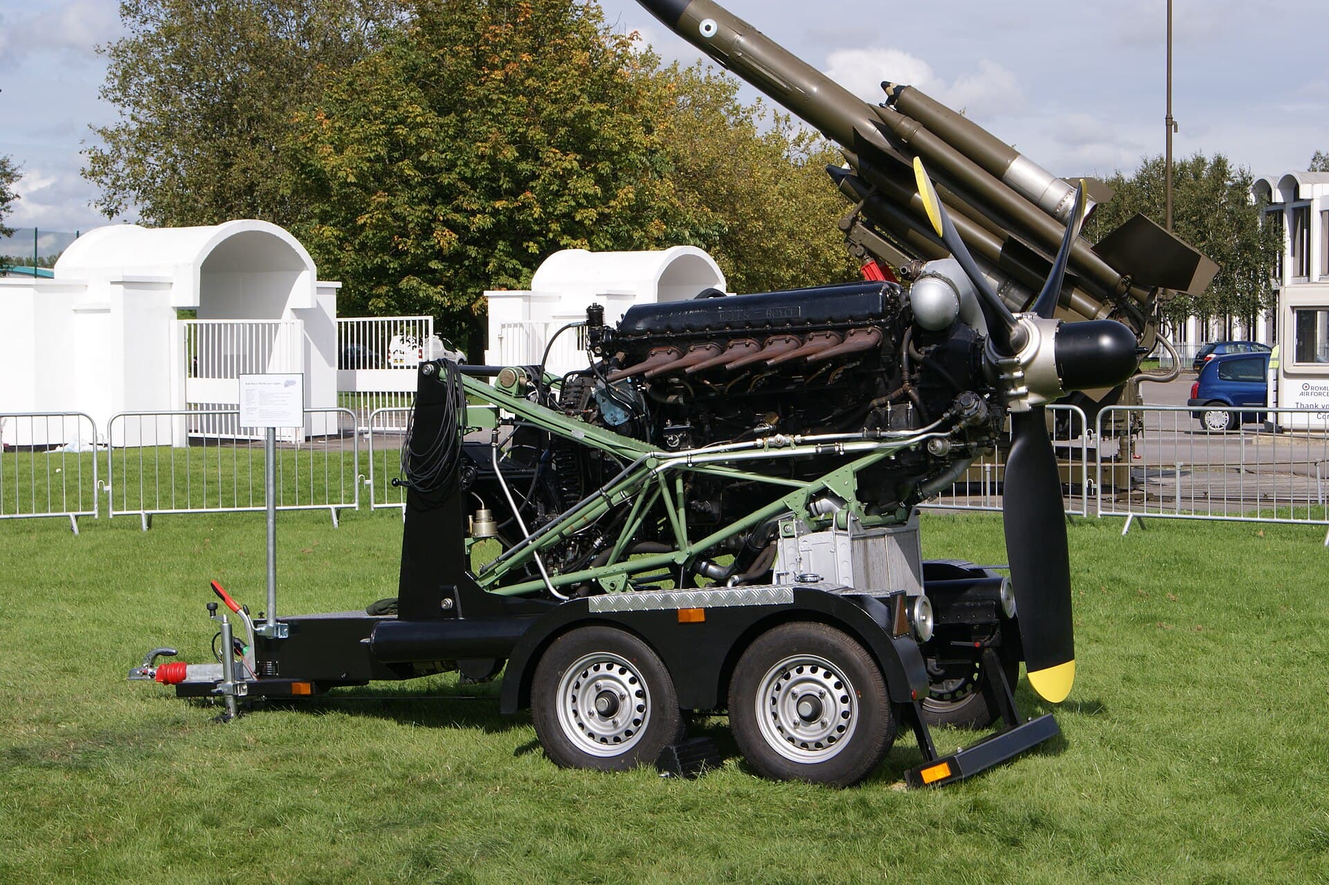 A Merlin 500-29 mounted on a trailer with propeller fitted as a running exhibit at the Royal Air Force Museum, Hendon