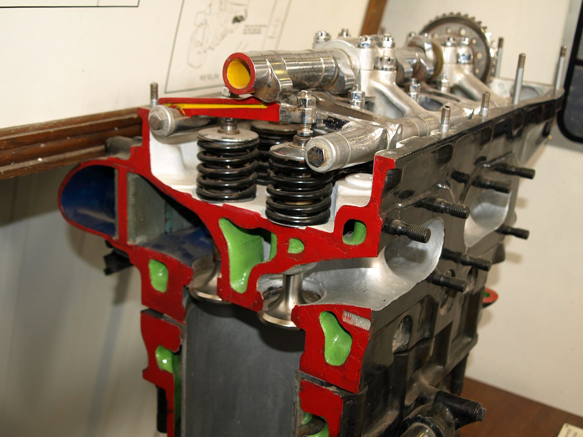 A sectioned Merlin cylinder head in the Shuttleworth Collection, cut away to show the valve seats and coolant passages