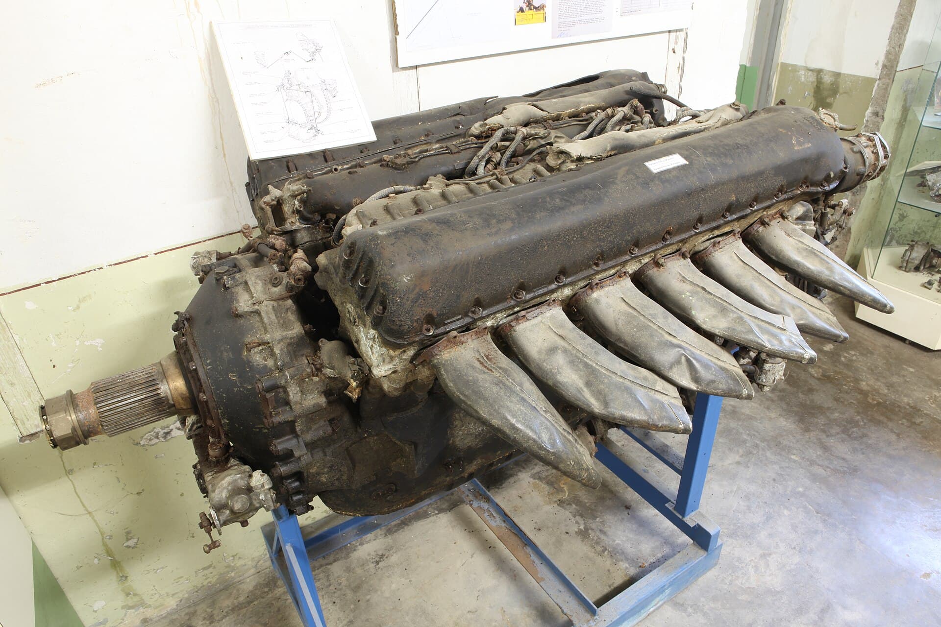 A Packard-built Merlin 28 preserved at the Fort bij Veldhuis air war museum, its exhaust stubs and reduction gear housing intact