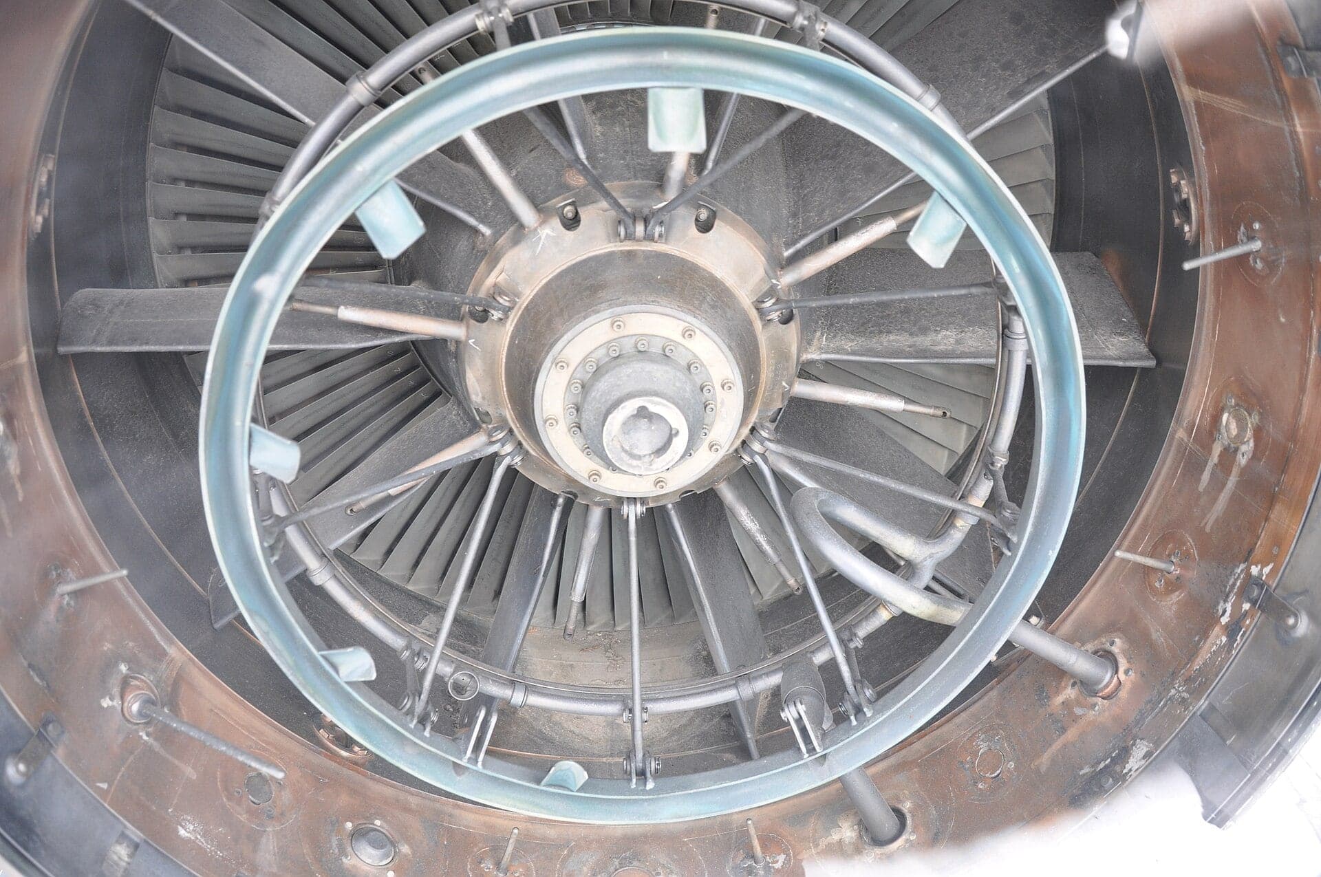 The back of an Olympus 593 with the reheat jet pipe removed, looking into the last turbine stage past the exhaust straightening vanes