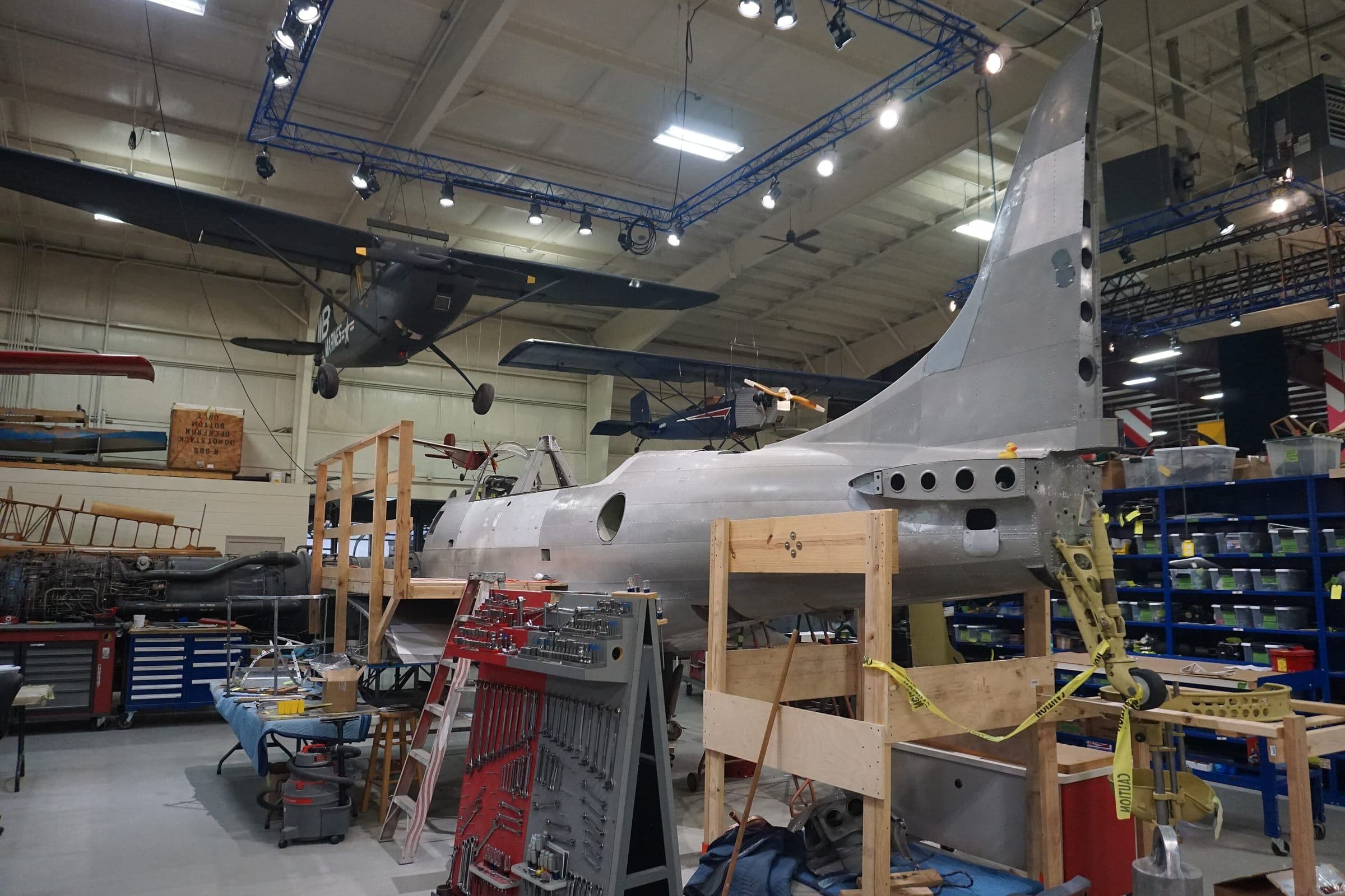 A Douglas SBD Dauntless under restoration at the Air Zoo in Michigan in 2019, the Cyclone-powered dive bomber of Midway