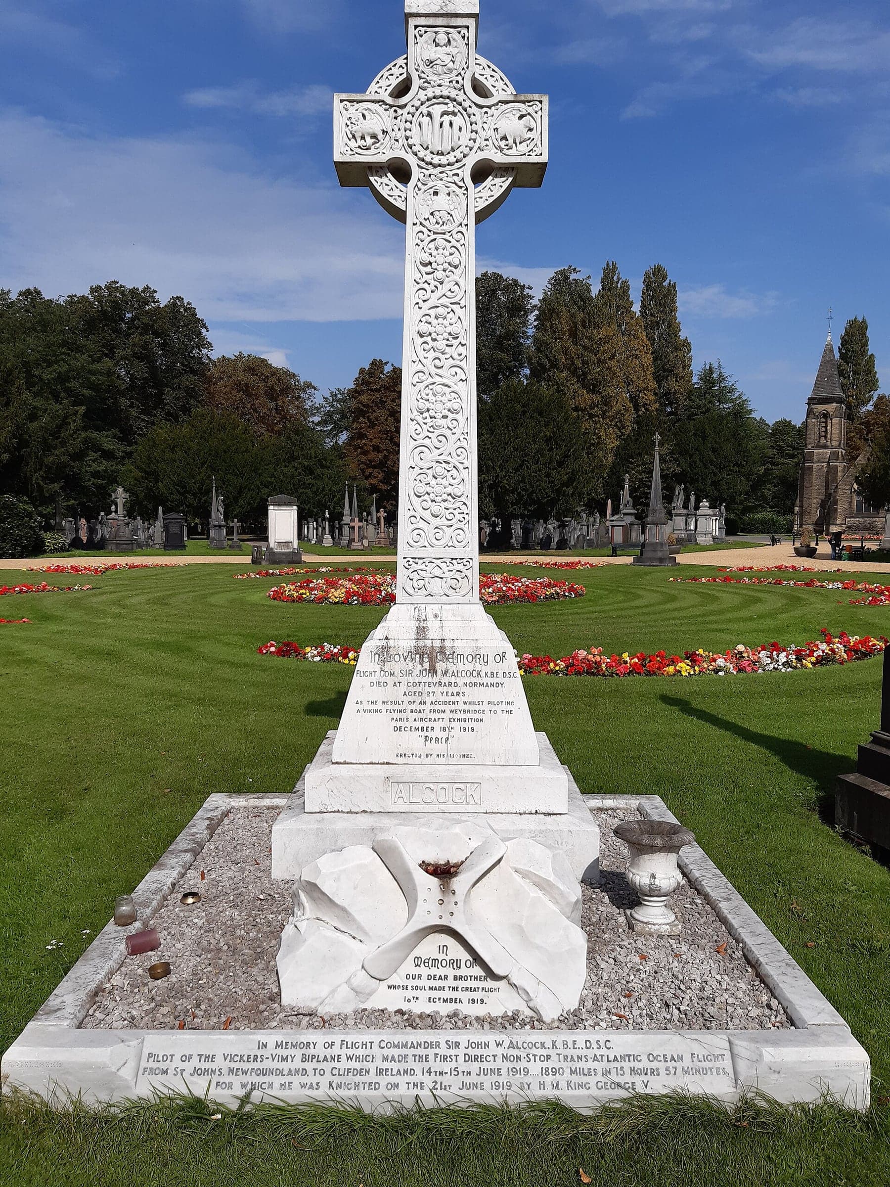 Sir John Alcock's gravestone in Southern Cemetery, Manchester
