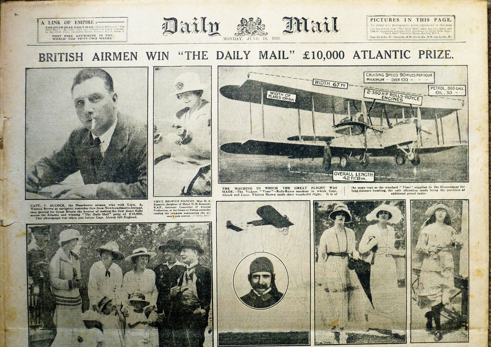 Front page of the Daily Mail of 16 June 1919 reporting the crossing