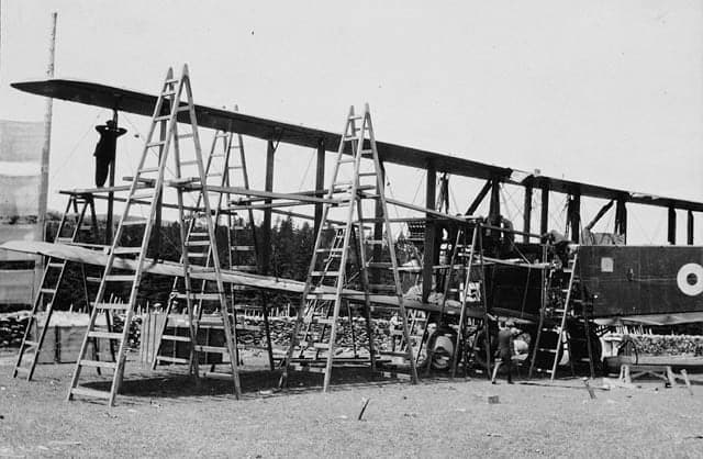 Workmen truing up the wings of the Handley Page Atlantic at Harbour Grace