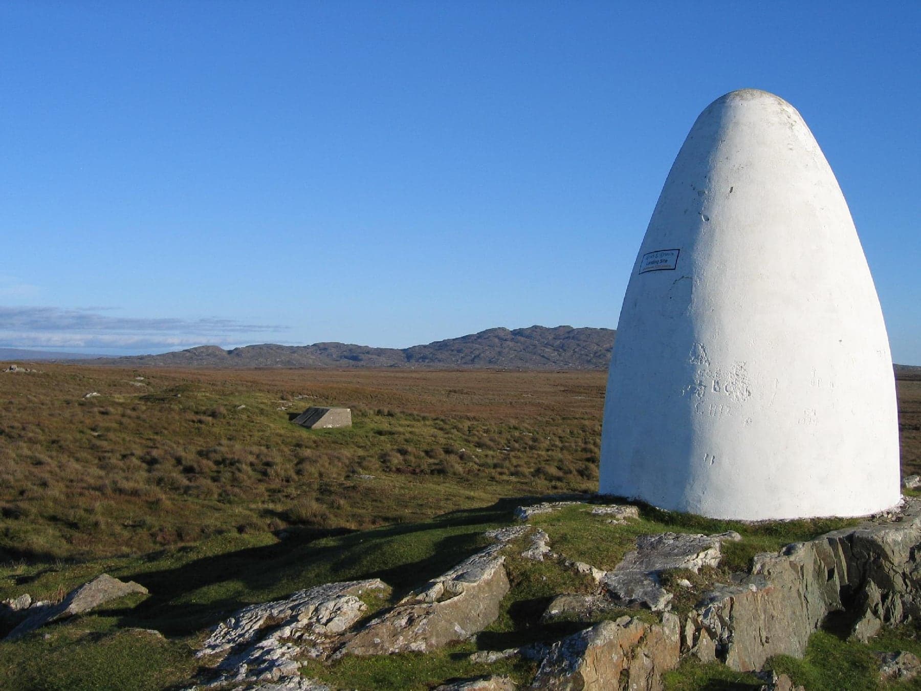 The white cairn marking the landing site in the bog south of Clifden