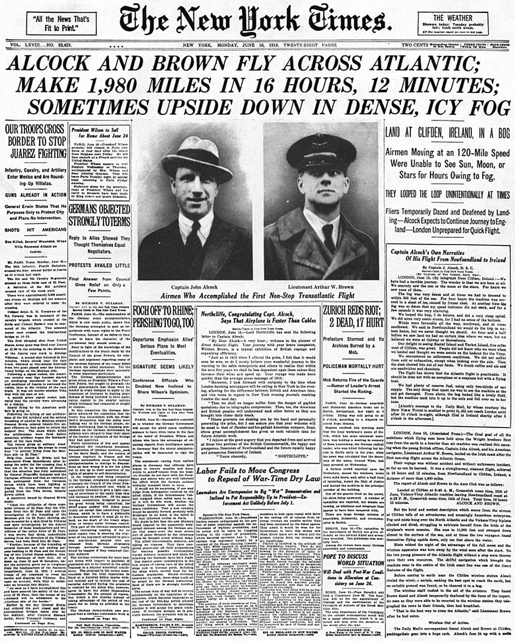 Front page of The New York Times of 16 June 1919 reporting Alcock and Brown's arrival in Ireland