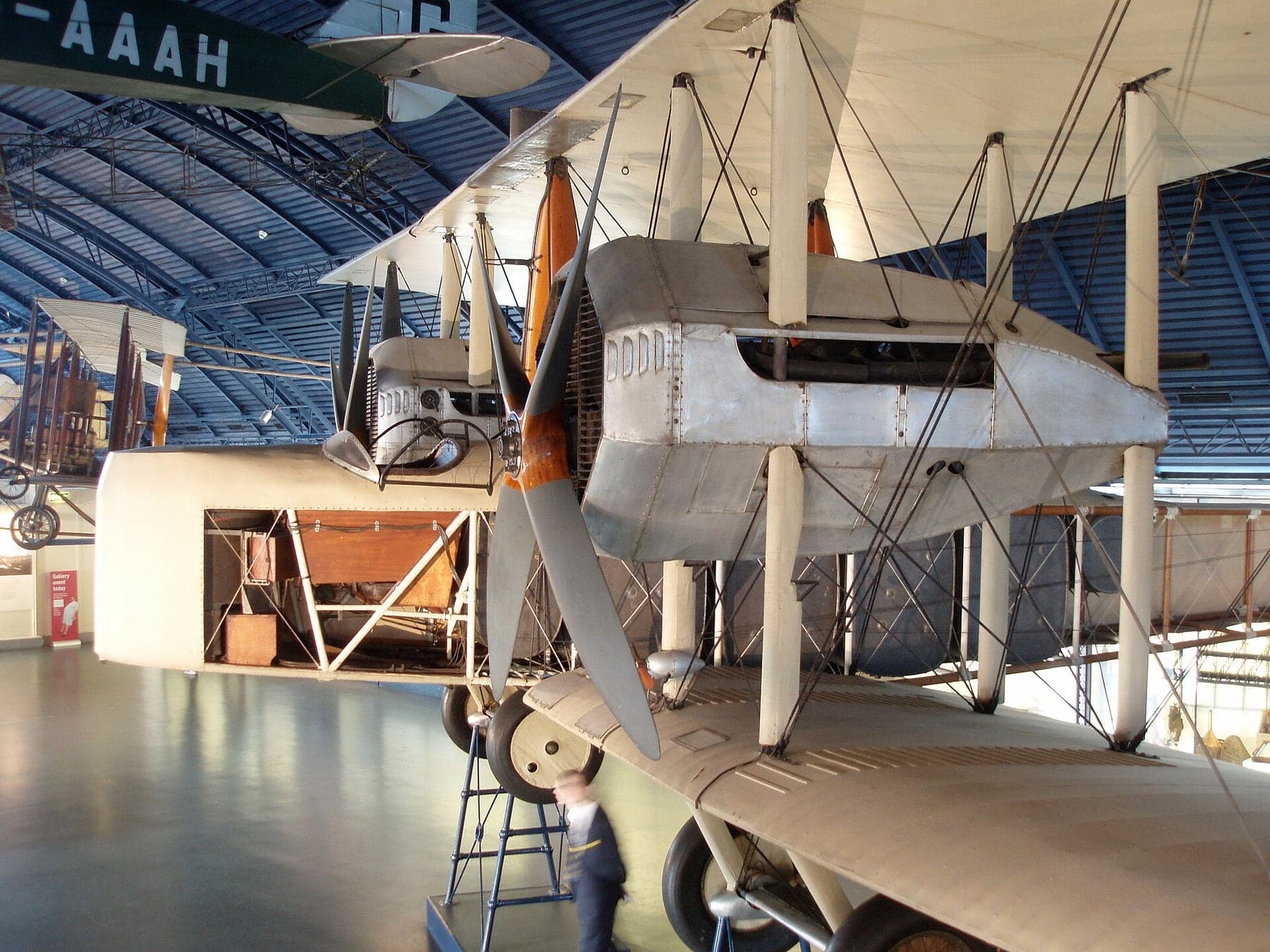The original transatlantic Vickers Vimy hanging in the Science Museum, London