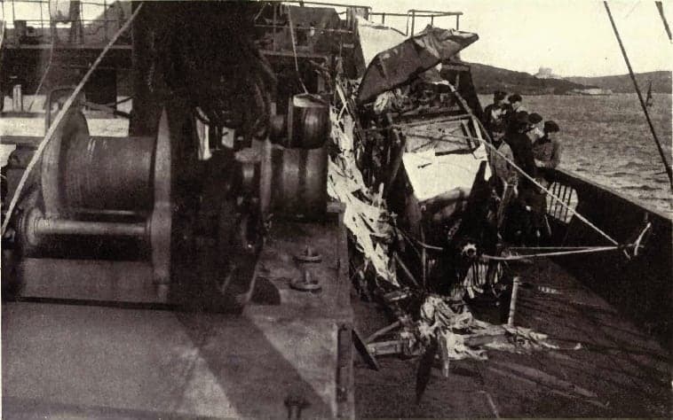 The wreck of the Sopwith Atlantic recovered from the sea aboard a steamer