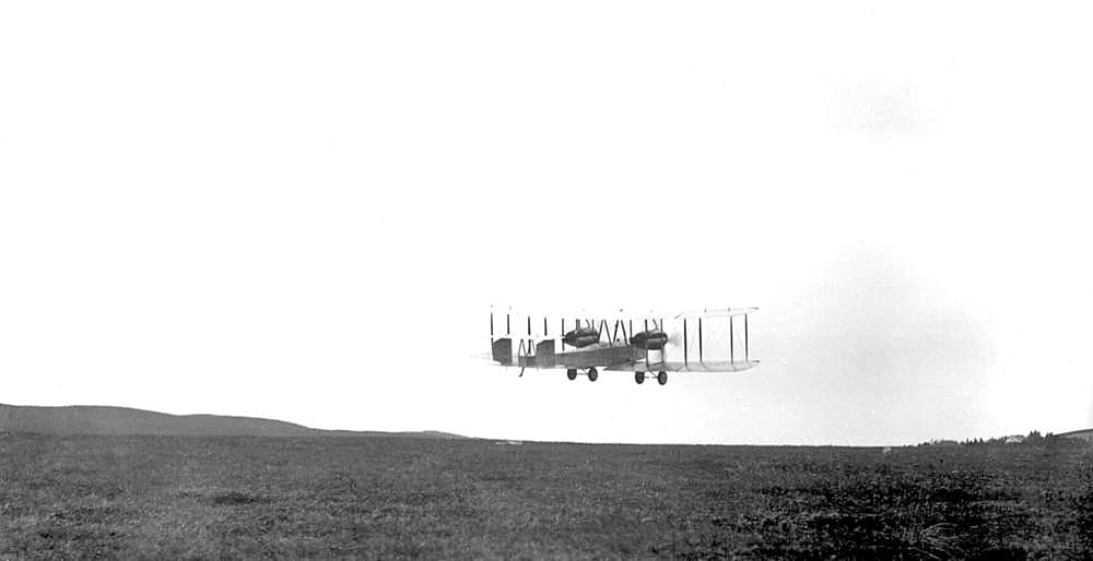 The Vickers Vimy lifting off from Lester's Field, St John's, Newfoundland, on 14 June 1919