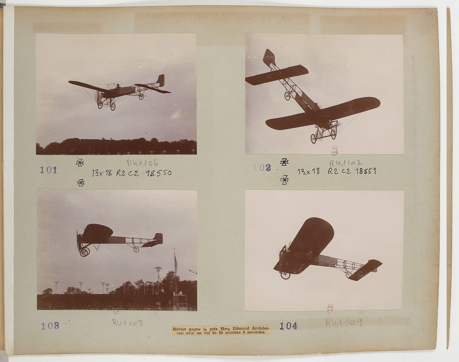 An album page of four small photographs of Blériot's monoplane in flight at Port-Aviation, where he flew for 50 minutes 8 seconds.