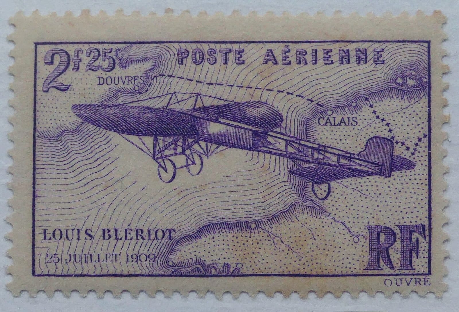 A violet French airmail stamp of 2 francs 25 showing the Blériot XI over a map of the Channel between Calais and Dover.