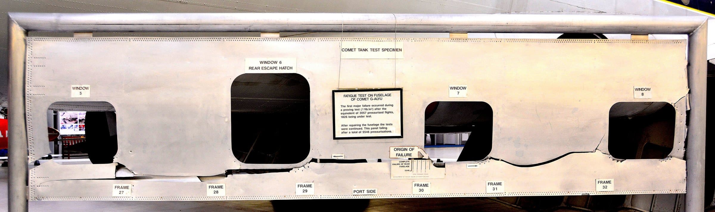 A preserved Comet fuselage showing the effect of metal fatigue