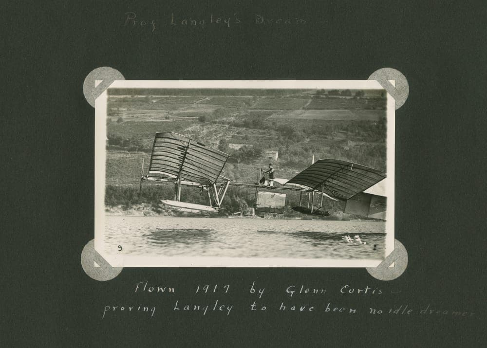 Glenn Curtiss flying the rebuilt Langley Aerodrome off Lake Keuka at Hammondsport in 1914, the hops the Smithsonian presented as proof of Langley's priority.