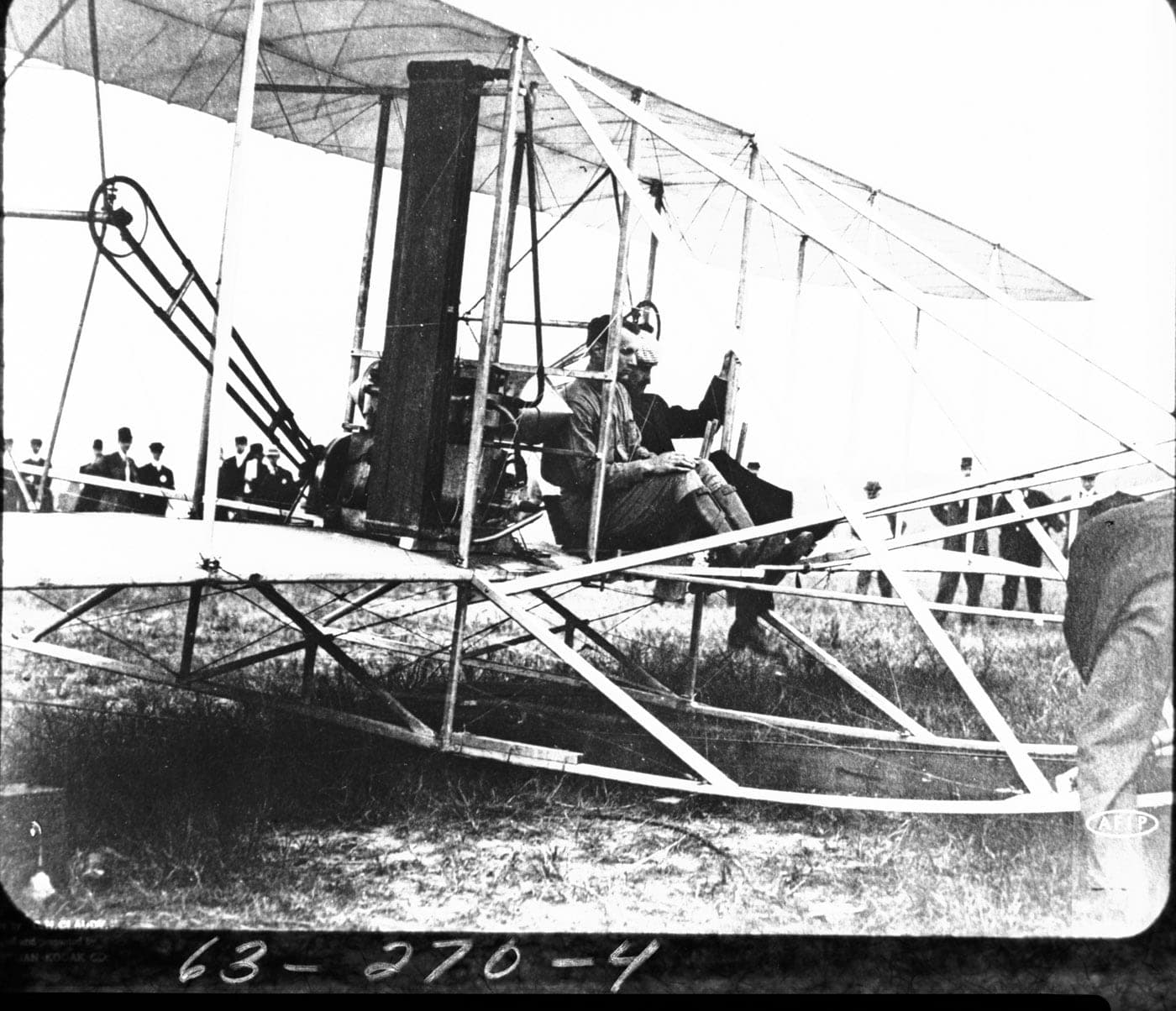 Orville Wright and Lieutenant Thomas Selfridge seated on the Military Flyer at Fort Myer, minutes before the crash that killed Selfridge.