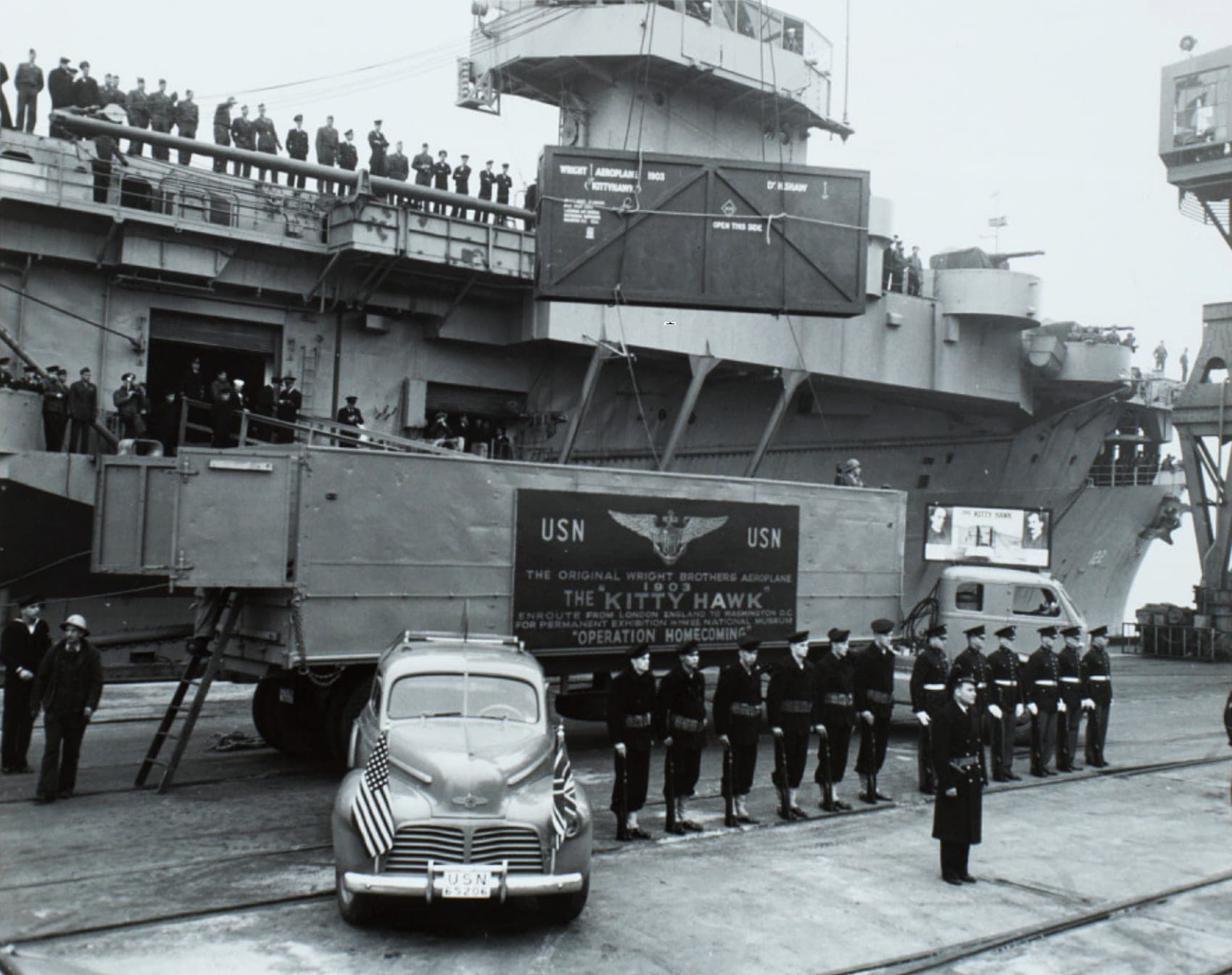 One of the three crates holding the 1903 Flyer being unloaded from USS Palau at Bayonne on its return from twenty years in London.