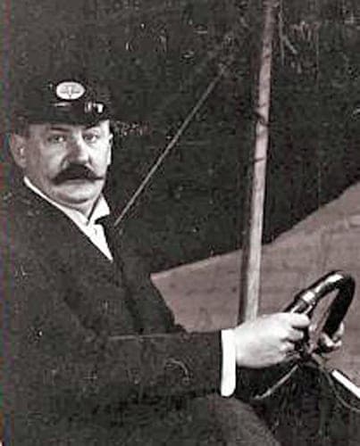 Karl Jatho at the wheel of his biplane at Hanover, a few years after the powered hops he made in 1903.