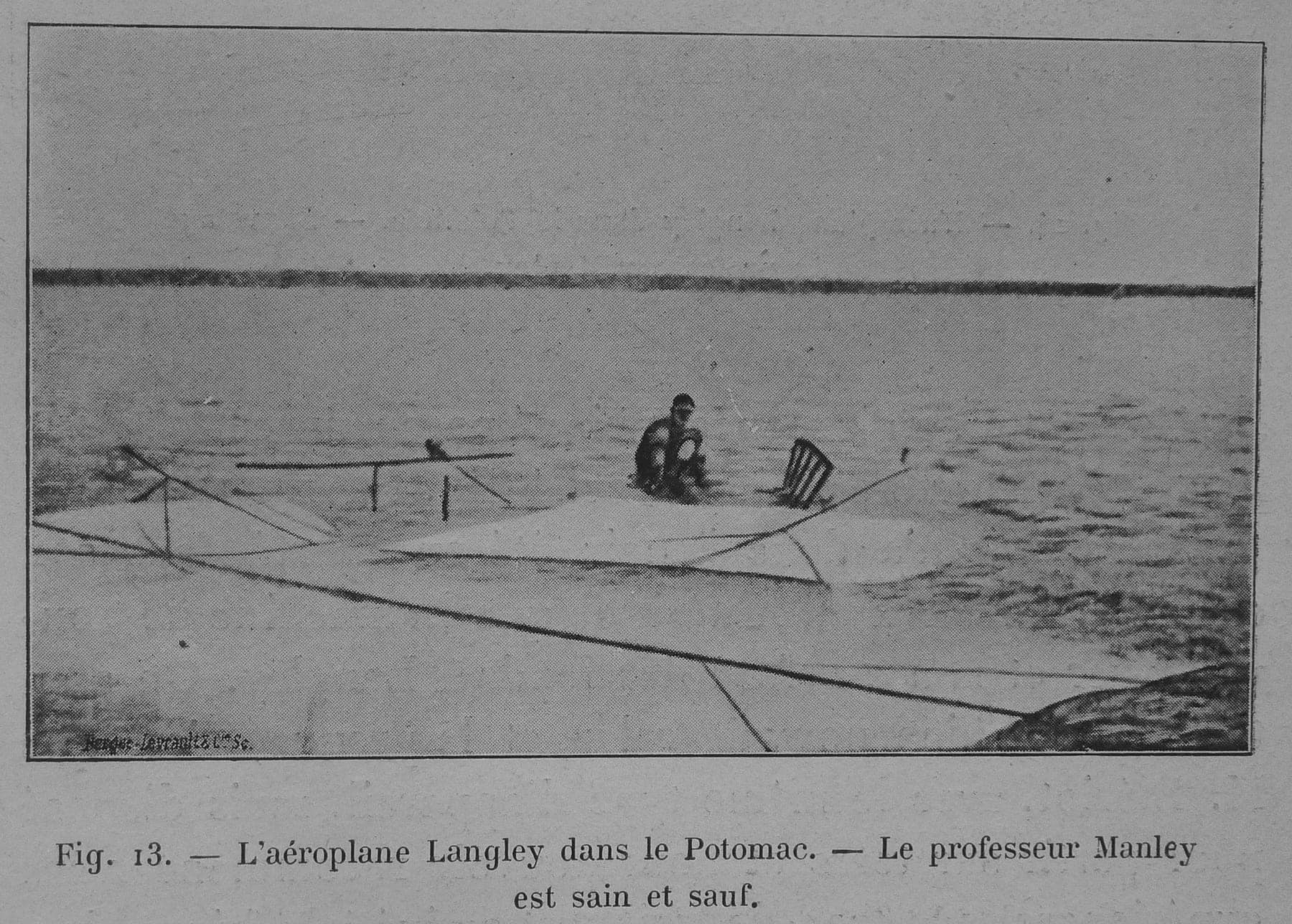 Samuel Langley's Aerodrome collapsed in the Potomac after its launch from the houseboat catapult.