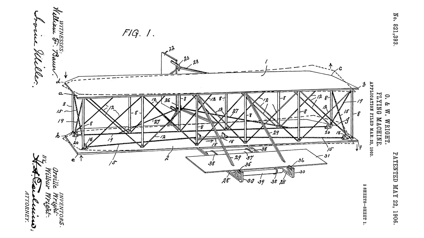 Figure 1 of United States patent 821,393: the machine drawn as a system of control, with the wings warped in opposite directions.