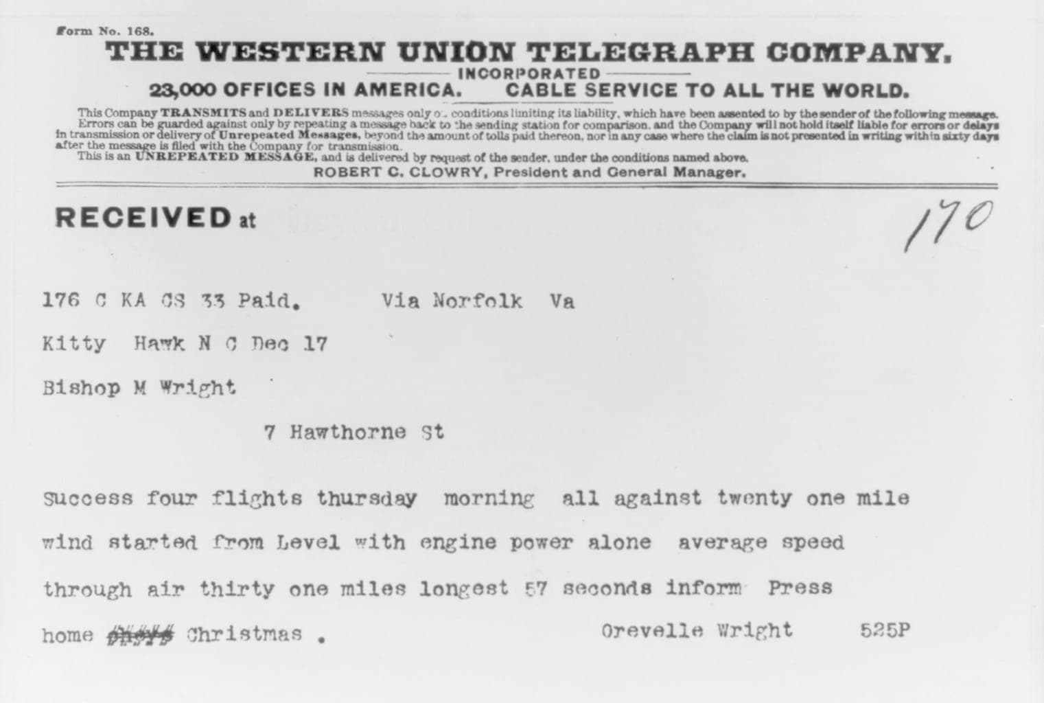 The telegram sent from Kitty Hawk on the afternoon of 17 December 1903, announcing four successful flights and asking that the press be informed.
