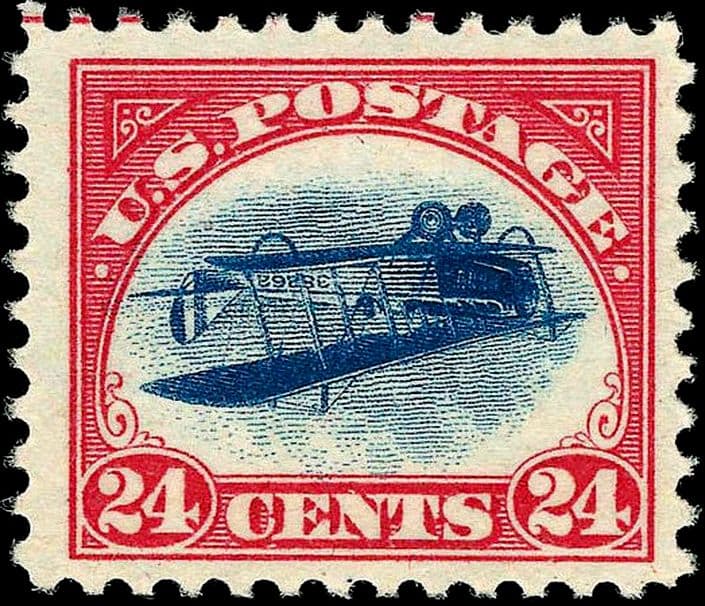 The 24-cent air mail stamp of 1918, known from its misprinted sheet as the Inverted Jenny
