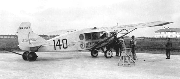 The Bellanca WB-2 Columbia, painted for the New York to Paris race, which Chamberlin flew to Germany two weeks after Lindbergh's flight.