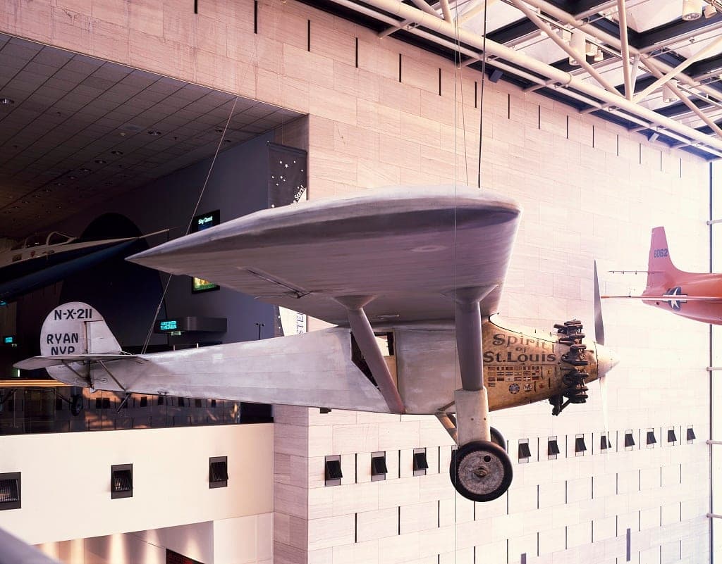 The Spirit of St. Louis hanging in the National Air and Space Museum in Washington.