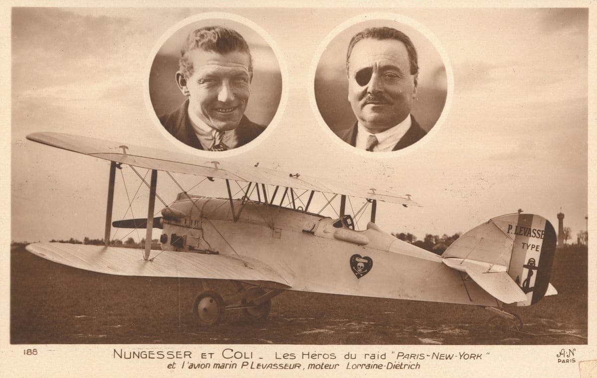 A 1927 postcard of L'Oiseau Blanc, the Levasseur biplane in which Nungesser and Coli left Le Bourget for New York on 8 May 1927 and vanished.