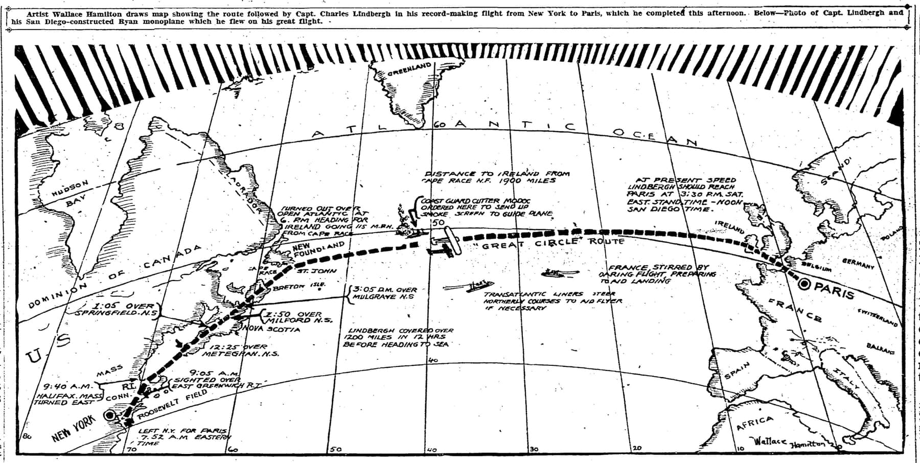 The front page of the San Diego Evening Tribune on 21 May 1927, with a map of Lindbergh's great-circle route across the Atlantic.