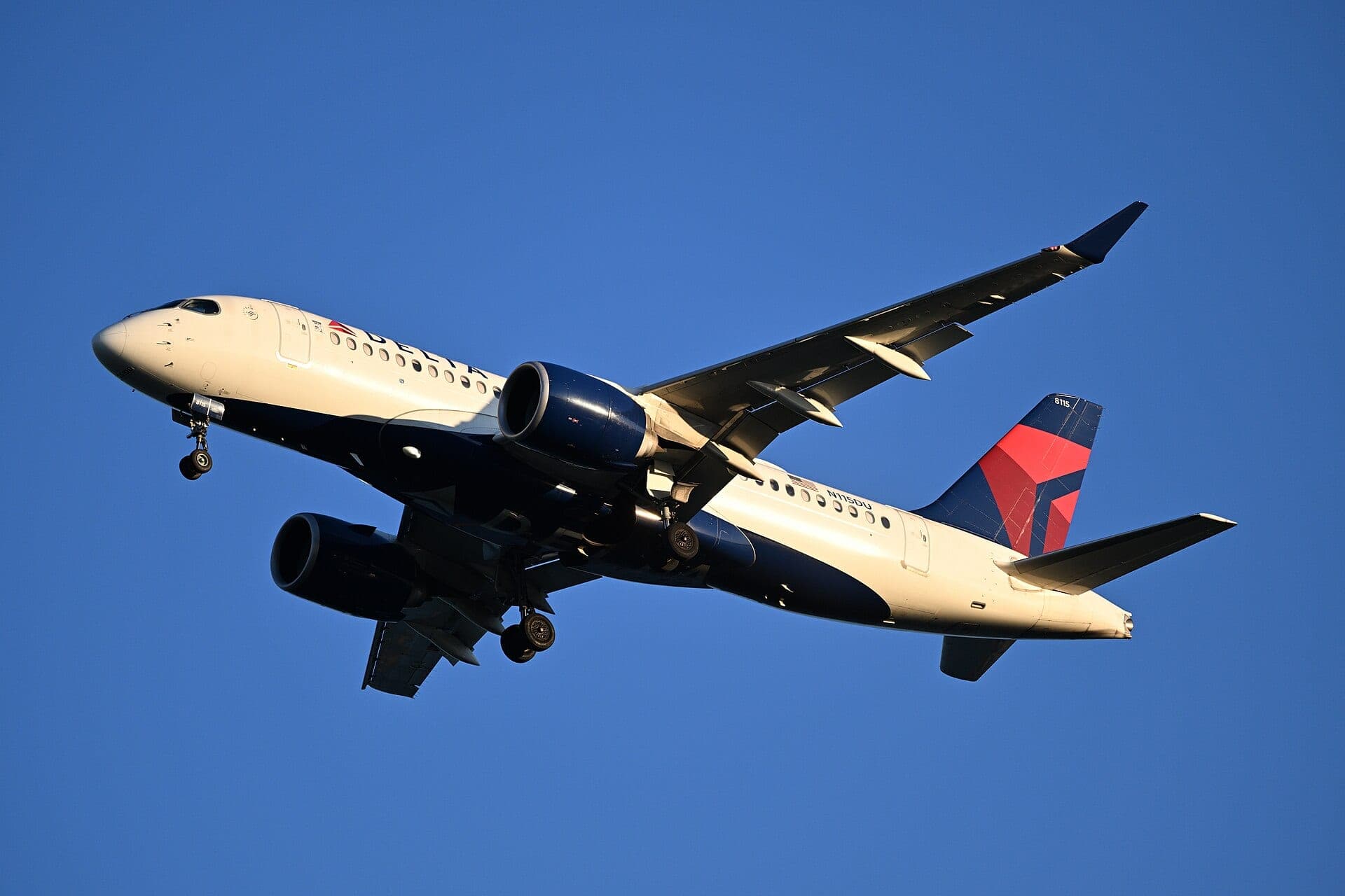 A Delta Air Lines Airbus A220-100 on approach to Boston in October 2024