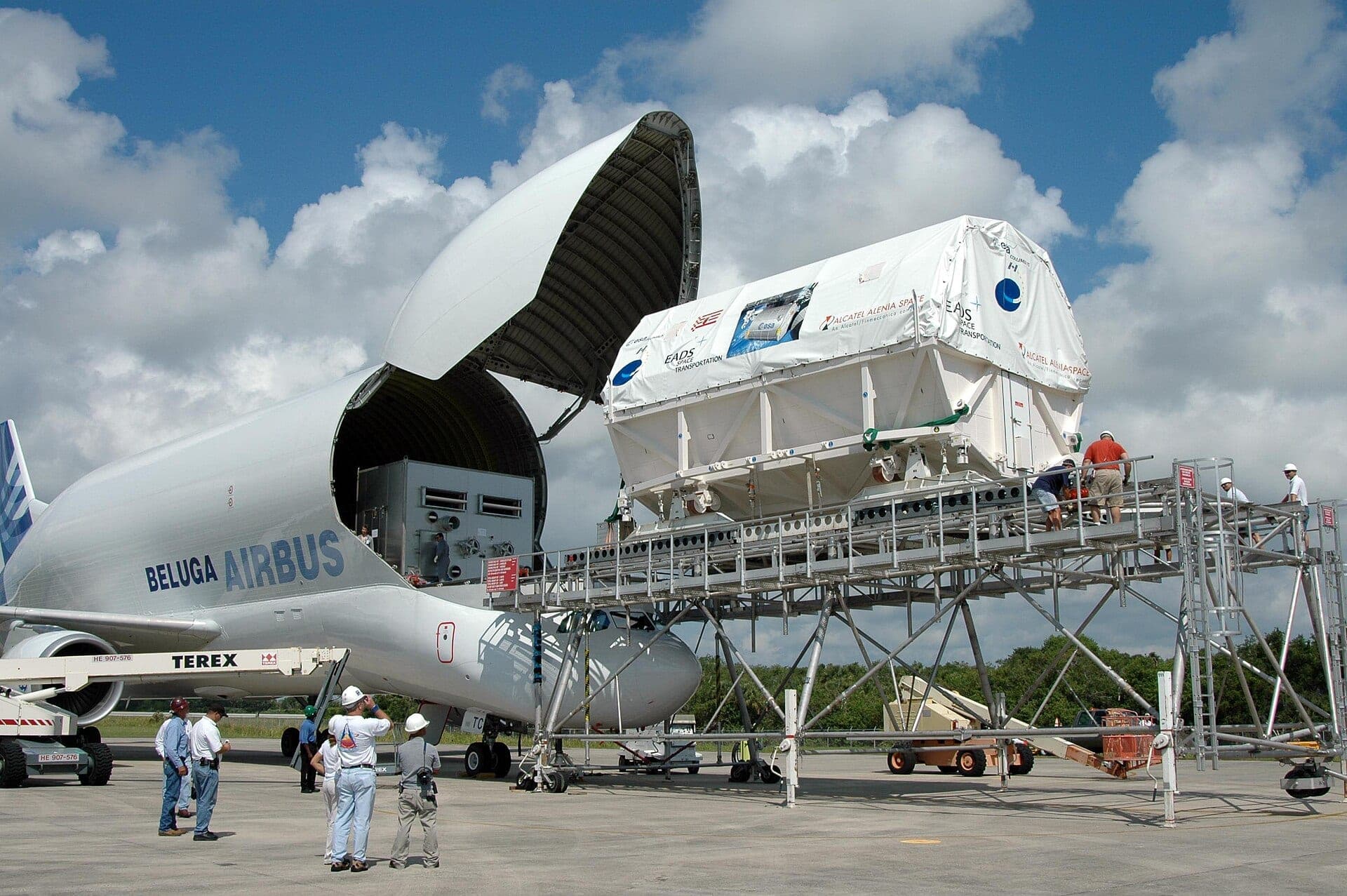 An Airbus Beluga unloading Europe's Columbus laboratory at the Kennedy Space Center in May 2006