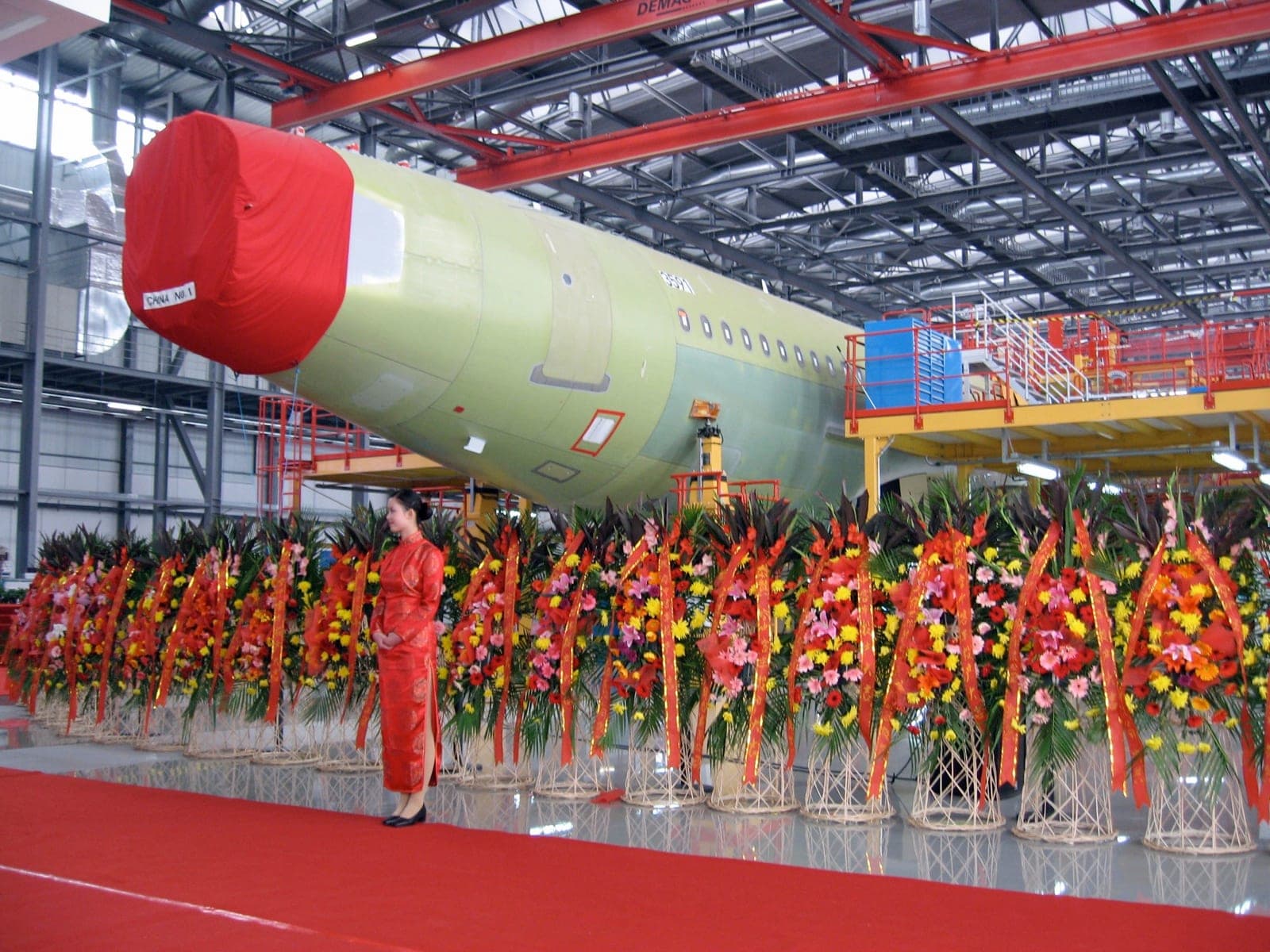 The Airbus final assembly line at Tianjin in its opening year, 2008, the first outside Europe