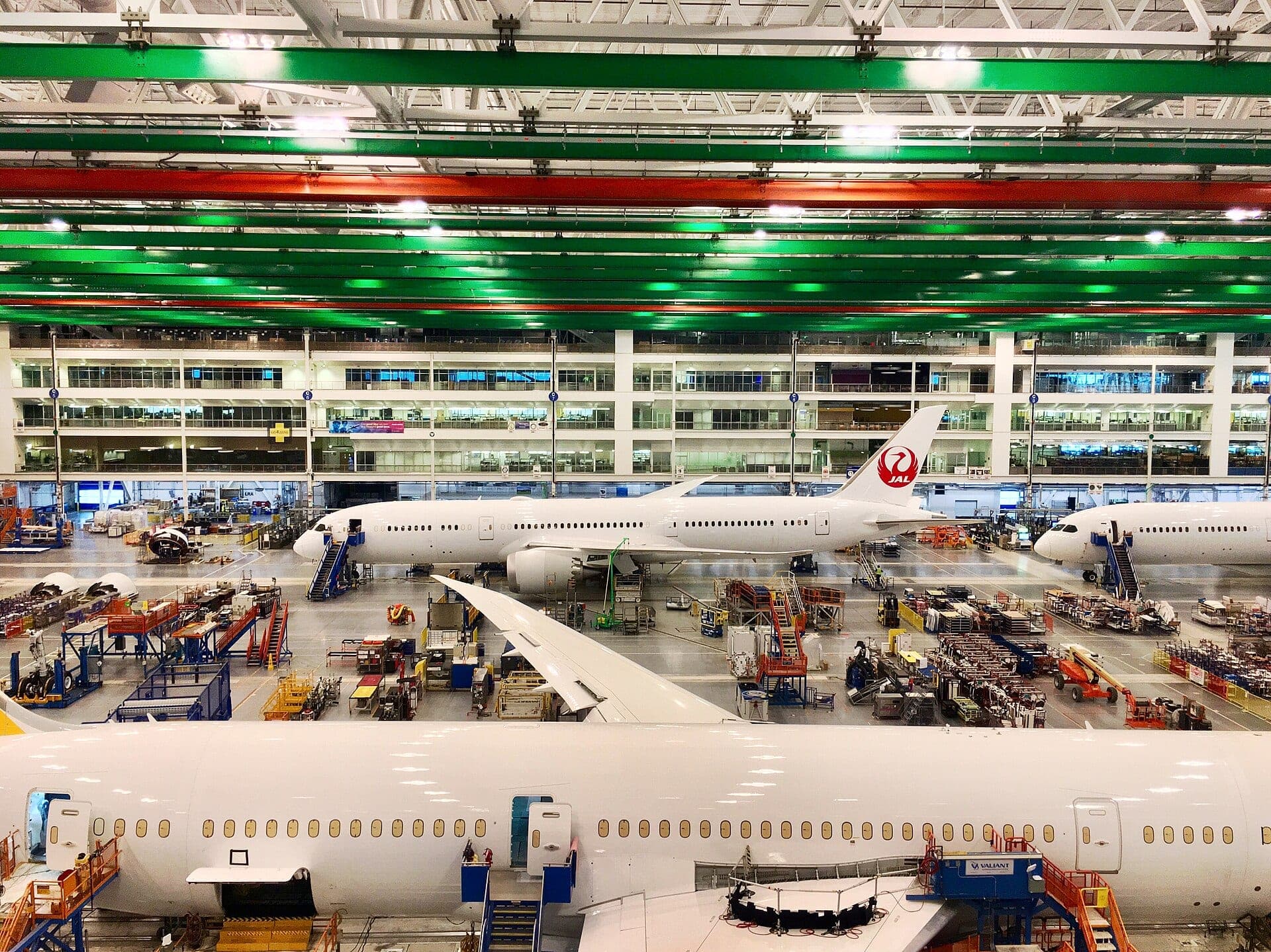 A Japan Airlines 787-9 on the final assembly line at Boeing South Carolina