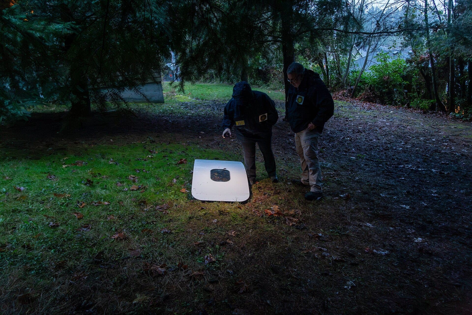 The door plug recovered from Alaska Airlines Flight 1282, photographed by NTSB investigators in January 2024