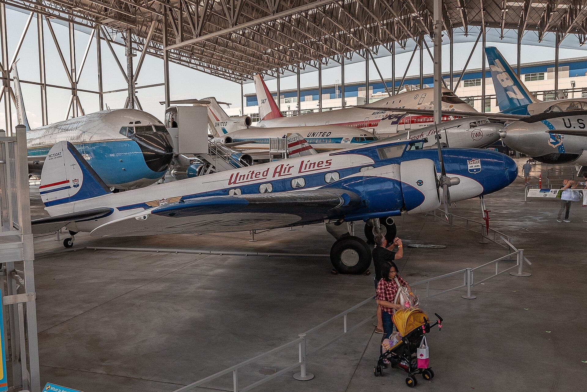 A preserved Boeing 247 airliner in side profile, its all-metal monoplane airframe and retractable undercarriage visible
