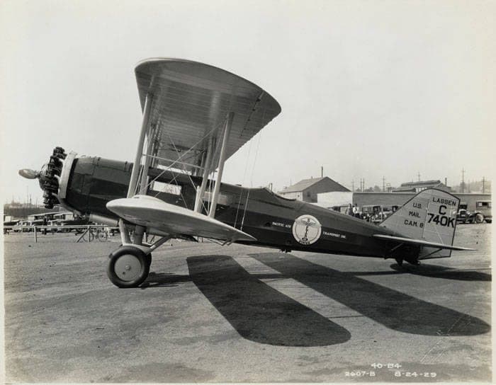 A Boeing Model 40-B4 mail plane outside the Boeing factory in Seattle in August 1929