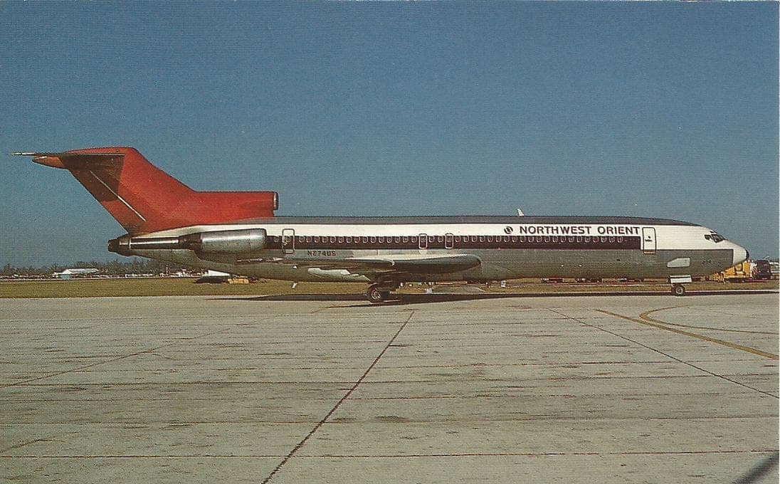A Northwest Orient Boeing 727-200 on the ramp at Fort Lauderdale in January 1970, its three tail-mounted engines visible