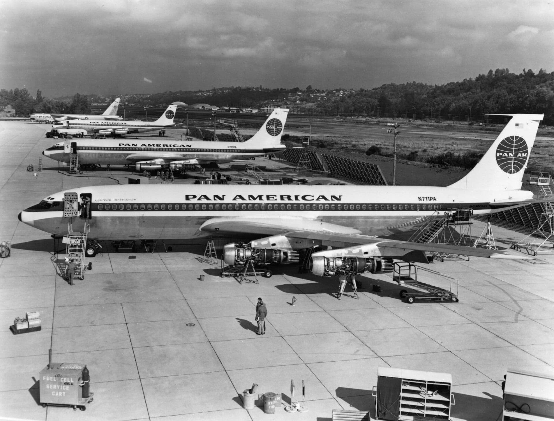 The first three Boeing 707-121s on the flight line at Seattle in 1958, awaiting delivery to Pan American World Airways