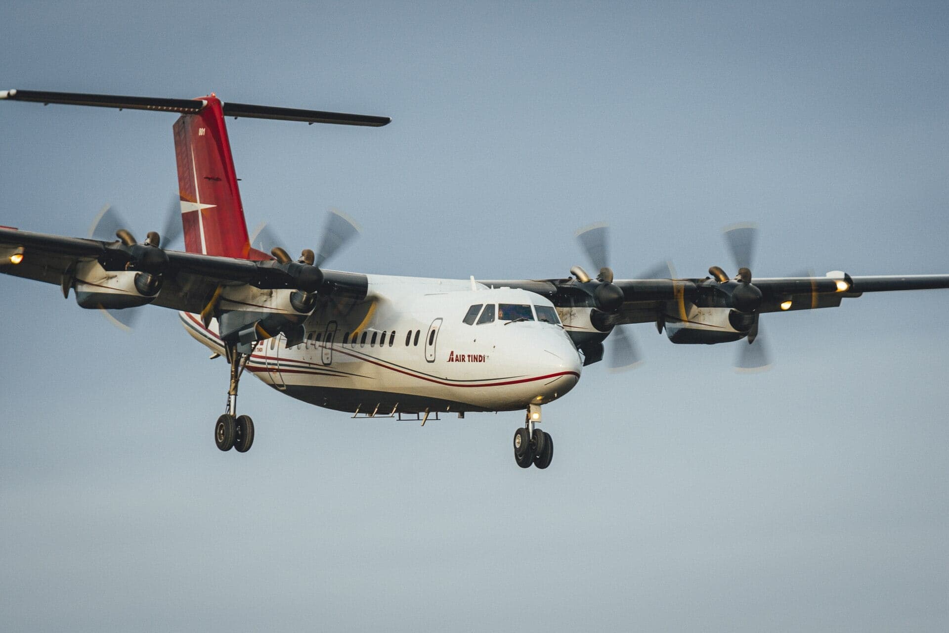 An Air Tindi Dash 7 four-engined turboprop on approach to Yellowknife, Northwest Territories