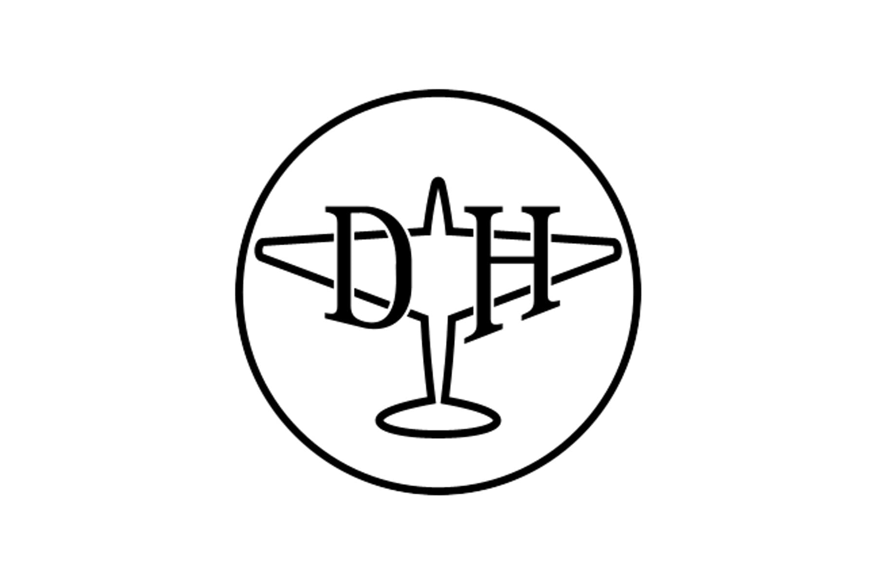 The de Havilland emblem: the letters D and H across the outline of a monoplane, inside a circle, in black on white