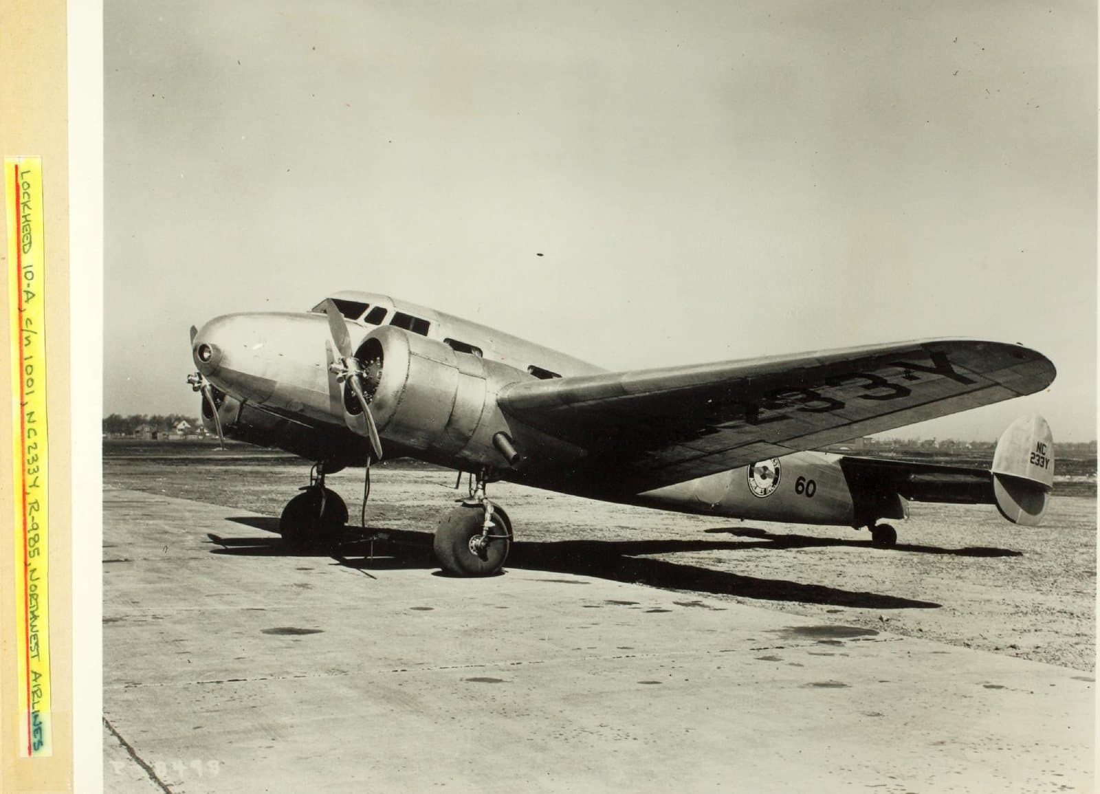A Northwest Airlines Lockheed Model 10A Electra, registration NC233Y, a small twin-engined airliner with twin fins