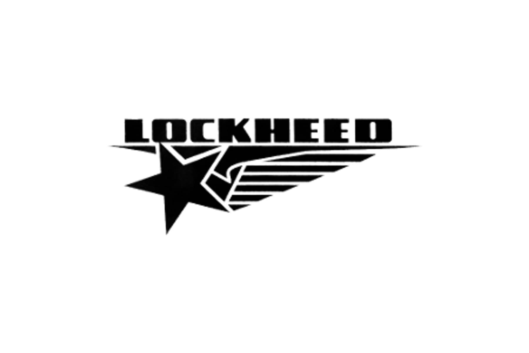 The Lockheed wordmark above a five-pointed star with a streaming striped wing, in black on white